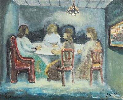 אלברט גולדמן (2011 - 1922). דמויות סביב השולחן, 
שמן על בד, 
38x47 ס"מ. 
חתום.