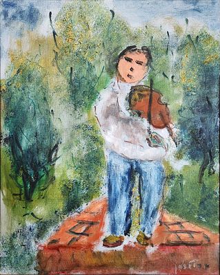 אלברט גולדמן (2011 - 1922). כנר על הגג, 
שמן על בד, 
50x40 ס"מ. 
חתום.