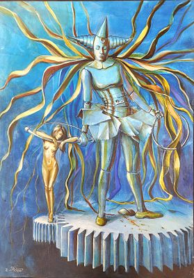 איתן פריד. סוריאליזם במיטבו, 
שמן על נייר מוצמד לבד, 
68x48 ס"מ. 
חתום.