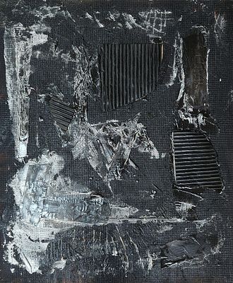 דוד כפתורי (1923-2001). ללא כותרת, 
שמן וקולאז' על עץ, 
58x50 ס"מ. 
חתום מאחור.