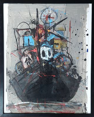 ז'אק ז'אנו (נ. 1950). הסירה, 
שמן וגואש על נייר, 
49x37 ס"מ. 
חתום.