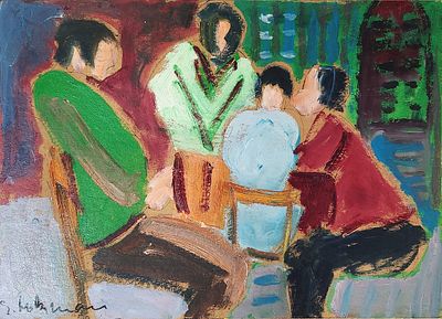 שמשון הולצמן (1986- 1907) . דמויות בשוק, 
שמן על קרטון, 
36x50 ס"מ. 
חתום.