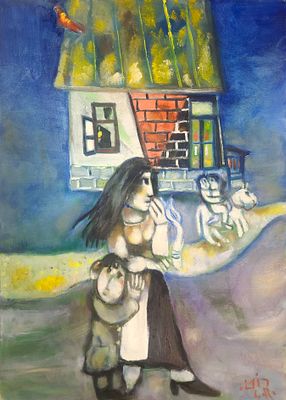 ליאו רוט (2002 - 1914). "על יד בית בכפר" 2001-2 
שמן על בד, 
100x72 ס"מ. 
חתום. 
חתום מתואר 