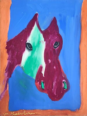 מנשה קדישמן (1932-2015). סוס על רקע כחול, 
שמן על בד, 
80x60 ס"מ. 
חתום מלפנים ומאחור. 
מלווה 