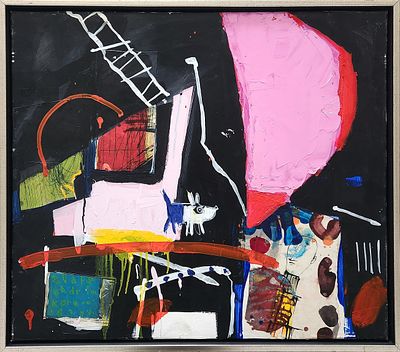 לאו ריי (נ.1950). PINK MOON 2019 
אקריליק וקולאז' על בד, 
70x80 ס"מ. 
חתום. 
חתום 