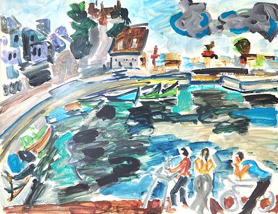 שמשון הולצמן (1986- 1907). דמויות בנוף, 
אקוורל על נייר מוצמד לקרטון, 
50x65 ס"מ. 
חתום.