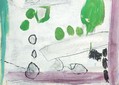 שמעון אבני (נ.1932) . מופשט, 
שמן על נייר, 
50x70 ס"מ. 
חתום. 
1960 בקירוב.