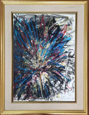 אורי ליפשיץ (2011 - 1936). ללא כותרת, 
שמן, פסטל וטכניקה מעורבת על הדפס מוצמד לבד, 
70x50 ס"מ. 
חתום.