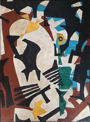 חיים קיווה (1983 - 1912) . קומפוזיציה 1969, 
שמן וקולאז' על בד, 
73x54 ס"מ. 
חתום ומתוארך מאחור. 