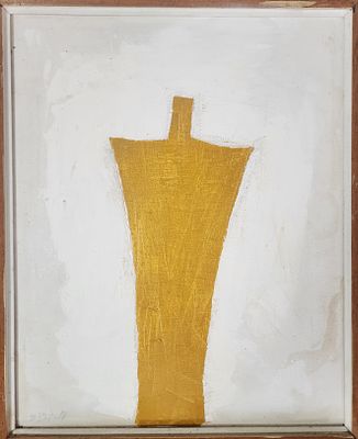 מיכאל גרוס (1920-2004). מיצג, 
שמן על בד, 
1965 בקירוב, 
50x40 ס"מ. 
חתום מלפנים ומאחור. 
עבודה 