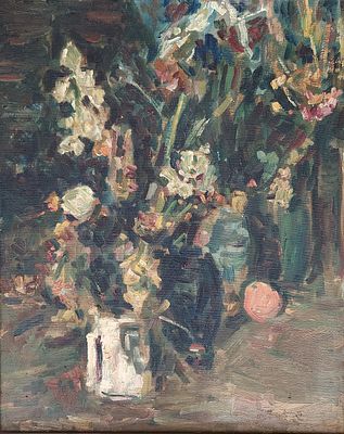 צבי שור (1898-1979). אגרטל פרחים 1970, 
שמן על בד, 
46x37 ס"מ. 
חתום ומתוארךף מאחור.