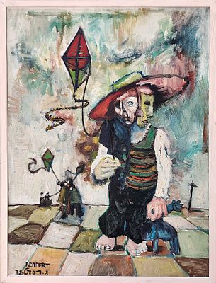 גרשון רנרט (1929-2009). פסטיבל עפיפונים 1972, 
שמן על בד, 
80x60 ס"מ. 
חתום ומתוארך