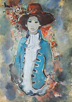 יהודה ורדי (1990 - 1926). נערה עם כובע 1981, 
גואש על נייר ביצוע, 
70x50 ס"מ. 
חתום ומתוארך.