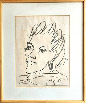 מנשה קדישמן (1932-2015). פורטרט אישה, 
פנדה על נייר, 
35x27 ס"מ. 
חתום. 
כתמי חלודה על הנייר.