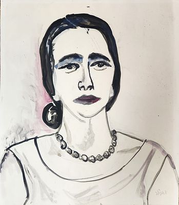 דוד הנדלר (1984 - 1904) . דיוקן נערה, 
ככל הניראה הדיוקן של אביבה אורי, 
אקוורל על נייר, 
46x40 