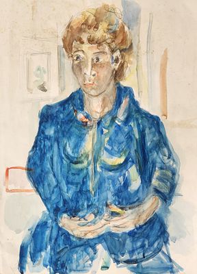 אלחנן הלפרן (1914-1995). נערה בכחול, 
אקוורל על נייר, 
70x50 ס"מ. 
חתום. 
ציור גדול חצי גיליון.. 