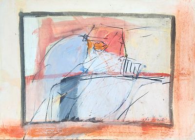 שמעון אבני (נ.1932). מופשט, 
שמן וקולאז' על נייר, 
50x70 ס"מ. 
חתום.