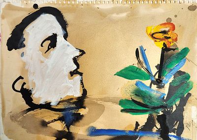 לאו ריי (נ.1950). דמות ופרח, 
גואש על נייר, 
28x38 ס"מ. 
חתום.