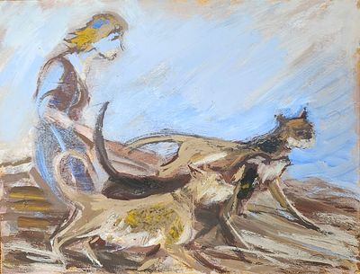 אליהו סיגרד (1901-1975). נערה וחתולים, 
שמן על קרטון, 
31x41 ס"מ. 
חתום.