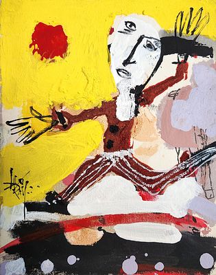 לאו ריי (נ.1950). דמות על רקע צהוב, 
שמן על נייר קרטון, 
26x21 ס"מ. 
חתום.