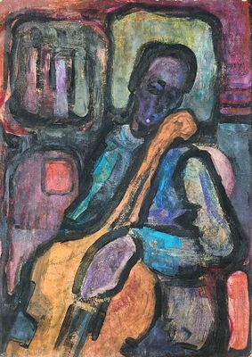 חנה לוי (1914-2002). דמות יושבת, 
גואש על קרטון, 
70x50 ס"מ. 
חתום.