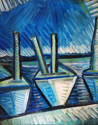 אריה אקשטיין (1929-2015). סירות, 
שמן על בד מוצמד לקרטון, 
43x33 ס"מ. 
חתום.