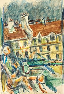 אלחנן הלפרן (1914-1995). דמות במרפסת, 
אקוורל על נייר, 
50x34 ס"מ. 
חתום.