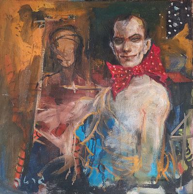 גרטי רובינשטיין (1947-2001). דמות עם פפיון, 
שמן על בד, 
55x55 ס"מ. 
71x71 ס"מ כולל המסגרת. 
חתום.