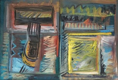 פנחס אברמוביץ (1986 - 1909). דיפטיך, 
ללא כותרת, 
שמן על בד, 
עבודה גדולה ומרשימה, 
70x100 ס"מ. 