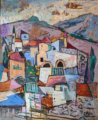 יעקב איזנשר (1896-1980). נוף צפת, 
שמן על בד, 
46x38 ס"מ. 
67x58 ס"מ כולל המסגרת. 
חתום.