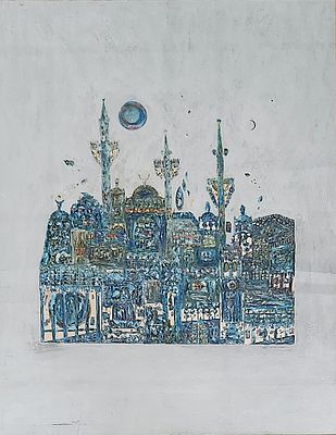 עובדיה אלקרא (נ.1939). נוף עירוני, 
שמן וגואש על נייר, 
55x45 ס"מ. 
80x70 ס"מ כולל המסגרת. 
