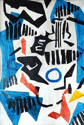 חיים קיווה (1983 - 1912). קומפוזיציה 1968, 
שמן וקולאז' על בד, 
73x50 ס"מ. 
חתום ומתוארך מאחור.