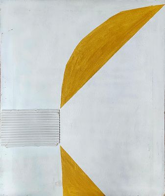מיכאל ארגוב (1982 - 1920) . ללא כותרת 1980, 
שמן וקולאז' על בד, 
64x54 ס"מ. 
חתום ומתוארך מאחור.