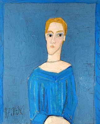 סופיה קיסלוב (2018 - 1923) . דמות בכחול 1997, 
שמן על בד, 
74x60 ס"מ. 
חתום ומתוארך.