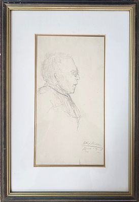 אביגדור אריכא (2010 - 1929). דיוקן עצמי, 
עיפרון על נייר, 
24x13 ס"מ. 
37x25 ס"מ. 
כולל המסגרת. 