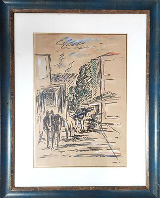 דוד הנדלר (1984 - 1904). דמות עם סוס בנוף, 
אקוורל על נייר, 
46x32 ס"מ. 
חתום.