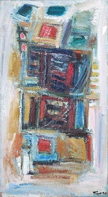 פנחס אברמוביץ (1986 - 1909). קומפוזיציה, 
שמן על בד, 
65x36 ס"מ. 
90x62 ס"מ כולל המסגרת. 
חתום. 