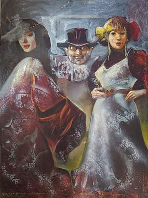 גרטי רובינשטיין (1947-2001). דמויות בנשף, 
שמן על בד, 
80x60 ס"מ. 
חתום. 
תיקון קטן.