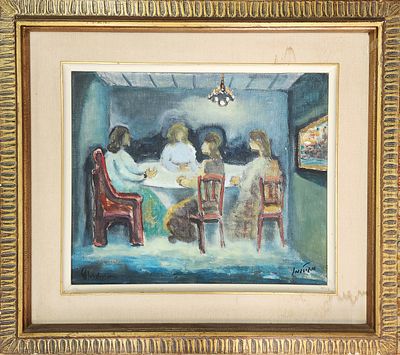 אלברט גולדמן (2011 - 1922). דמויות סביב השולחן, 
שמן על בד, 
38x47 ס"מ. 
63x72 ס"מ כולל המסגרת. 