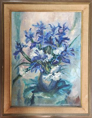 הדי קון (1936-2017) . אגרטל פרחים, 
שמן על בד, 
74x54 ס"מ. 
91x71 ס"מ כולל המסגרת. 
חתום.