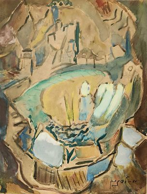 מרדכי לבנון (1901-1968). נוף צפת, 
אקוורל על נייר, 
30x23 ס"מ. 
חתום.