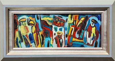 יצחק פרנקל פרנל (1981 - 1899) . דמויות בנוף, 
שמן על קרטון, 
18x46 ס"מ. 
חתום.