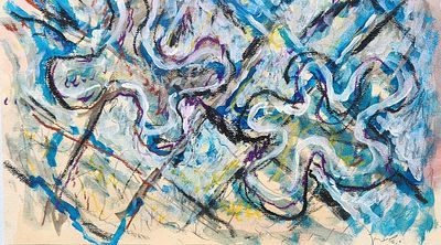 יחזקאל שטרייכמן (1906-1993). מופשט, 
גואש ואקוורל על נייר, 
26x46 ס"מ. 
חתום.