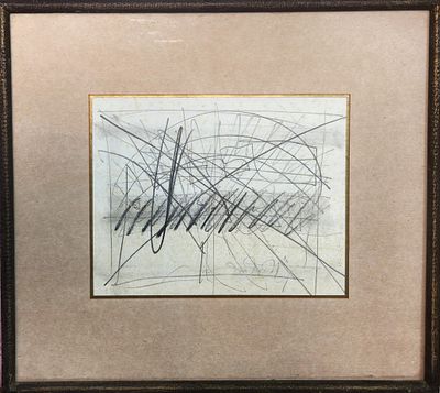 משה קופפרמן (2003 - 1926). מופשט, 
רישום עיפרון על נייר, 
כתמי גיל על הנייר, 
15x19 ס"מ. 

