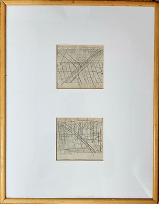 משה קופפרמן (2003 - 1926). זוג רישומים ממוסגרים, 
עיפרון על נייר, 
הרישום התחתון חתום. 
10x10 