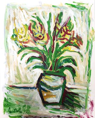 אריה אקשטיין (1929-2015). אגרטל פרחים, 
גואש על נייר, 
30x24 ס"מ. 
חתום.