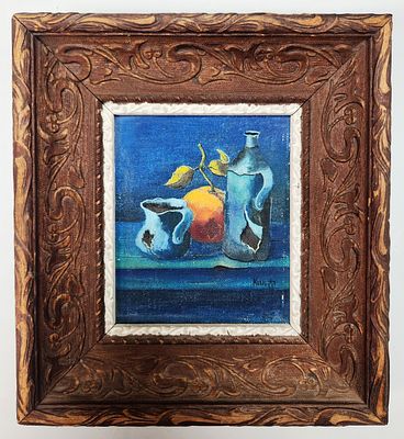 זאב קון (נ.1930). טבע דומם, 
שמן על בד מוצמד לעץ, 
13x11 ס"מ. 
22x20 ס"מ כולל המסגרת. 
חתום.