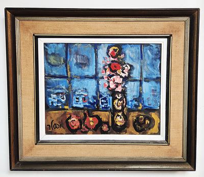 יעקב וכסלר (1912-1995) . טבע דומם, פרחים בחלון, 
שמן על בד, 
40x50 ס"מ. 
חתום מלפנים ומאחור.
