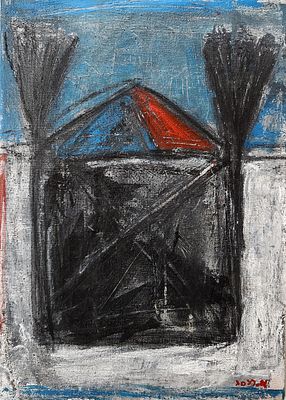 אהרון מסג (1942-2018). בית בכליל, 
שמן על בד, 
35x25 ס"מ. 
חתום.