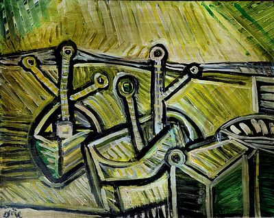 אריה אקשטיין (1929-2015). סירות, 
שמן על בד, 
40x50 ס"מ. 
חתום.